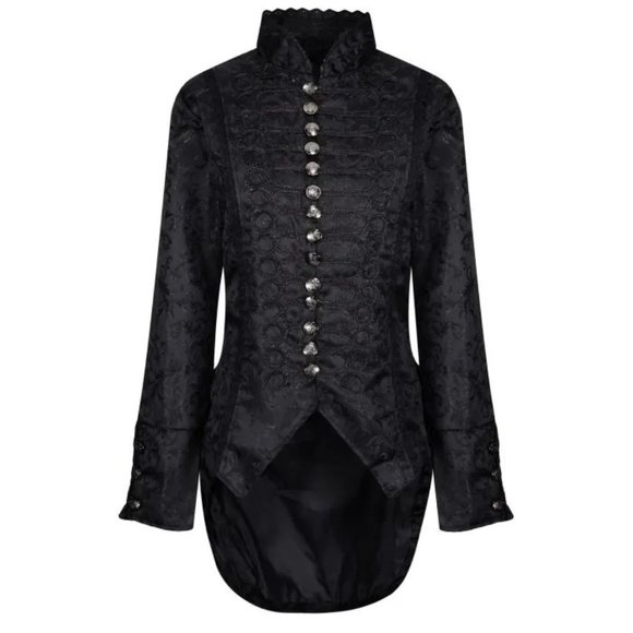 Women’s Handmade Black Brocade Gothic Victorian Steampunk Gothic Long Coat/Black